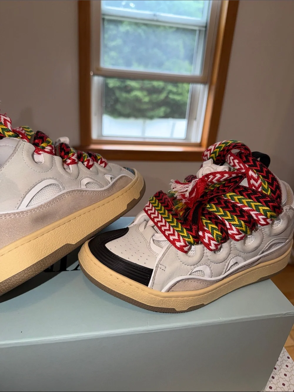 Lanvin White Sneakers with Black Toe and Multicolor Rope Laces